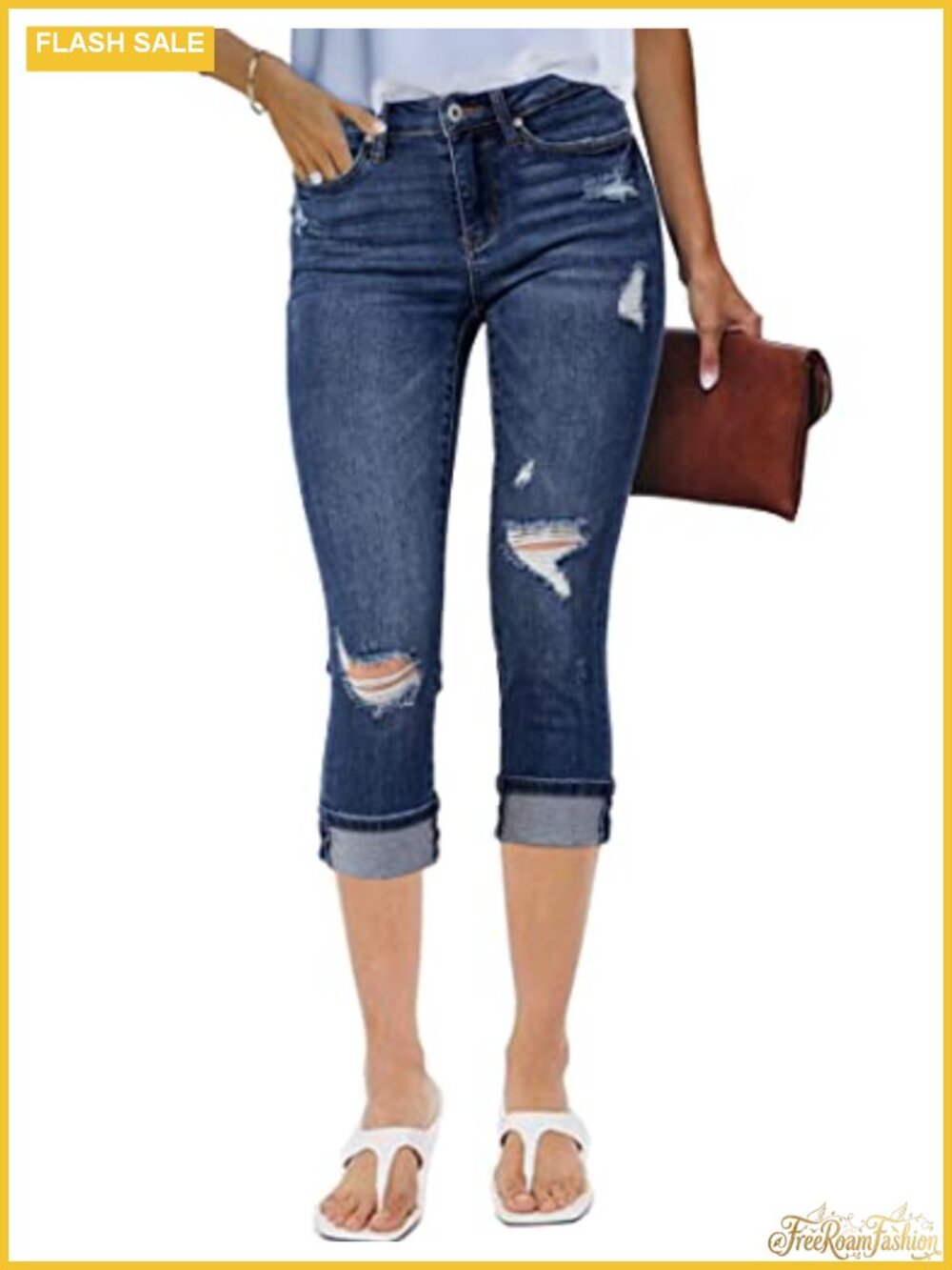 High Waisted Distressed Capri Jeans Stretch Skinny Cropped Denim